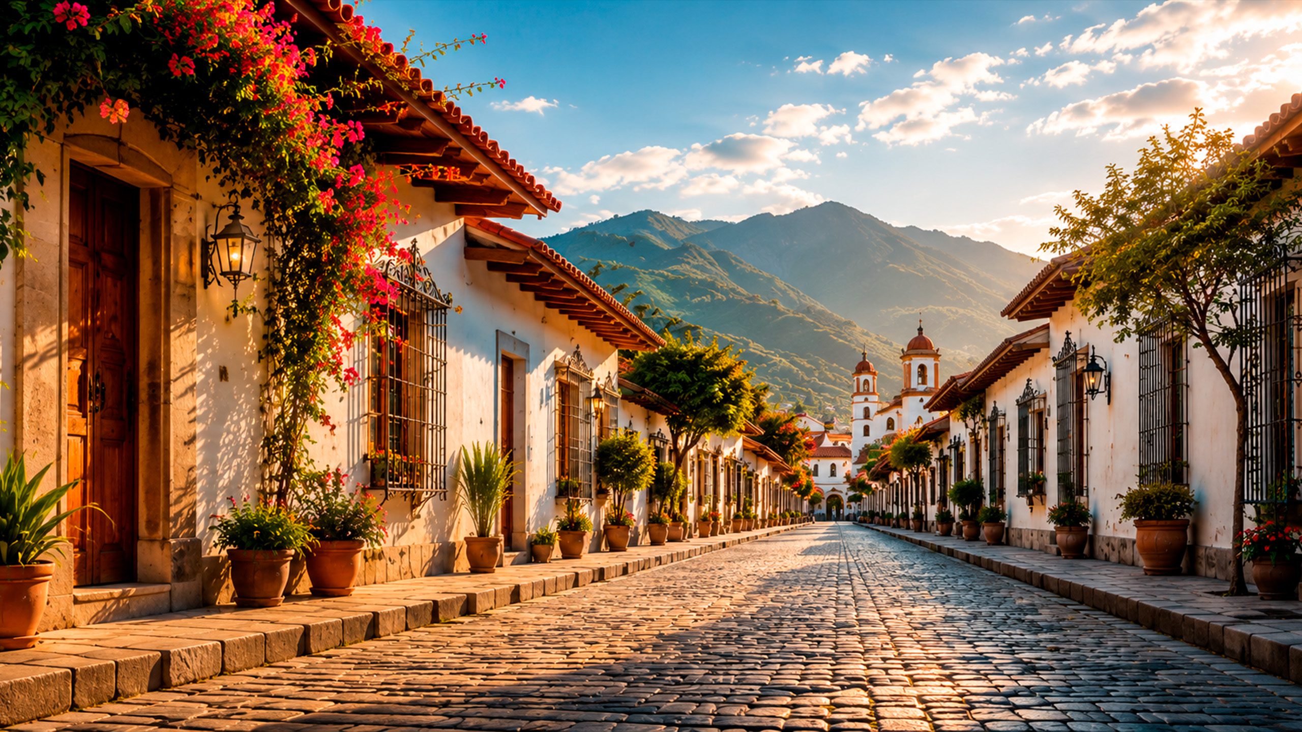 Calle empedrada de San Cristóbal de Las Casas al atardecer